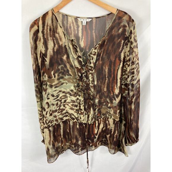 CAbi Style 806 Silk Leopard Print Ruffle Placket Long Hem Blouse Size Medium - Picture 1 of 4